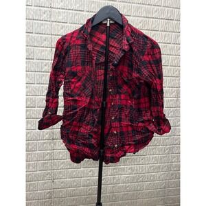 Love Notes Red Black Plaid Distressed‎ Long Sleeve Button Up Shirt Top Womens M